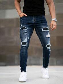 男士休闲简约破洞牛仔裤，日常穿着 - 深色水洗藍 - 查看 1