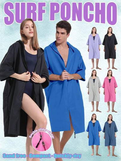 1 Piece Surf Poncho Changing Robe With Hood,Wearable Beach Towel Sand Free And Compact Easy To Carry,Quick Dry Suede Material Changing Towel With Double Way Zipper Up For Surfing Swimming Pool Outdoor Men And Women