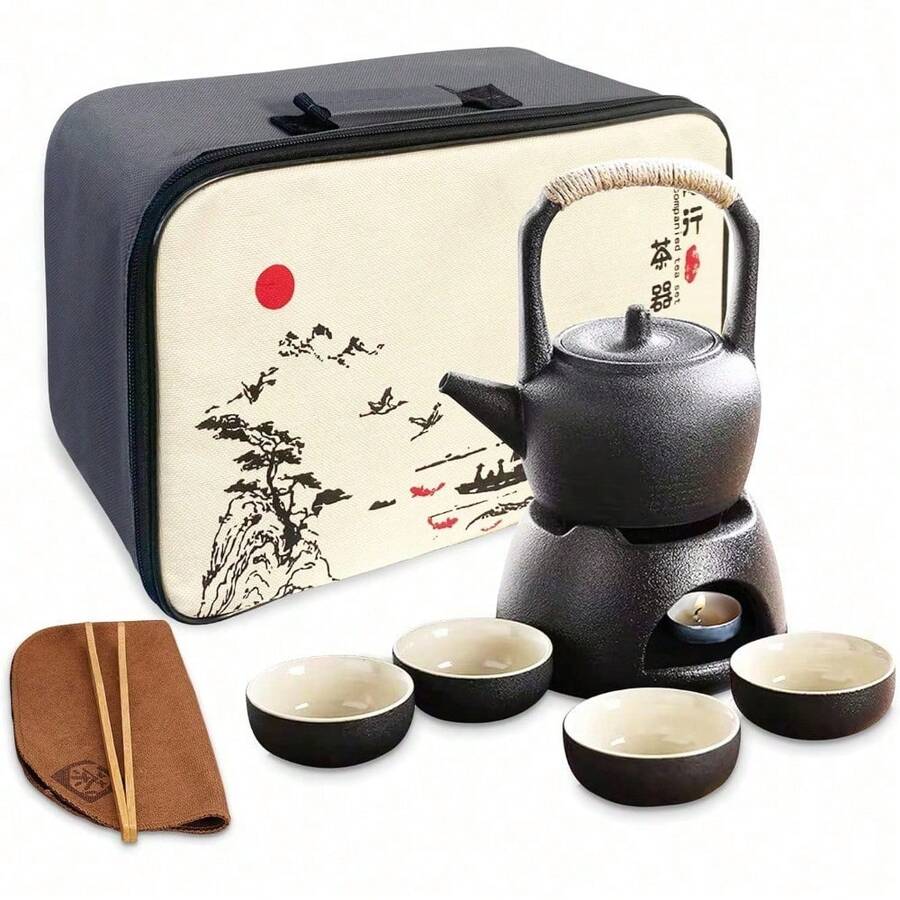Chinese Gongfu Tea Set Traditional, Black Portable Tea Set For Adults, Asian Tea Service With Ceramic Teapot Warmer BC05BFJ23 - Black - View 1