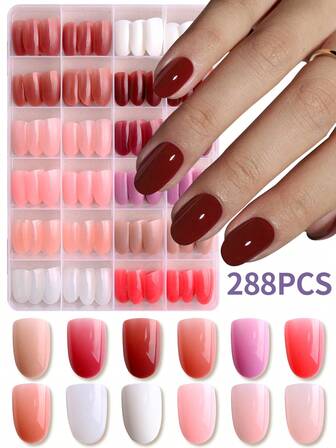 288 ชิ้น (12แบบผสม) เล็บอะคริลิคทรงรีสั้นแบบกด, เล็บปลอมอะคริลิคเงางาม, เหมาะสำหรับเป็นของขวัญสำหรับเด็กผู้หญิงและผู้หญิง, เหมาะสำหรับงานปาร์ตี้วันหยุด, เดท และสวมใส่ในชีวิตประจำวัน