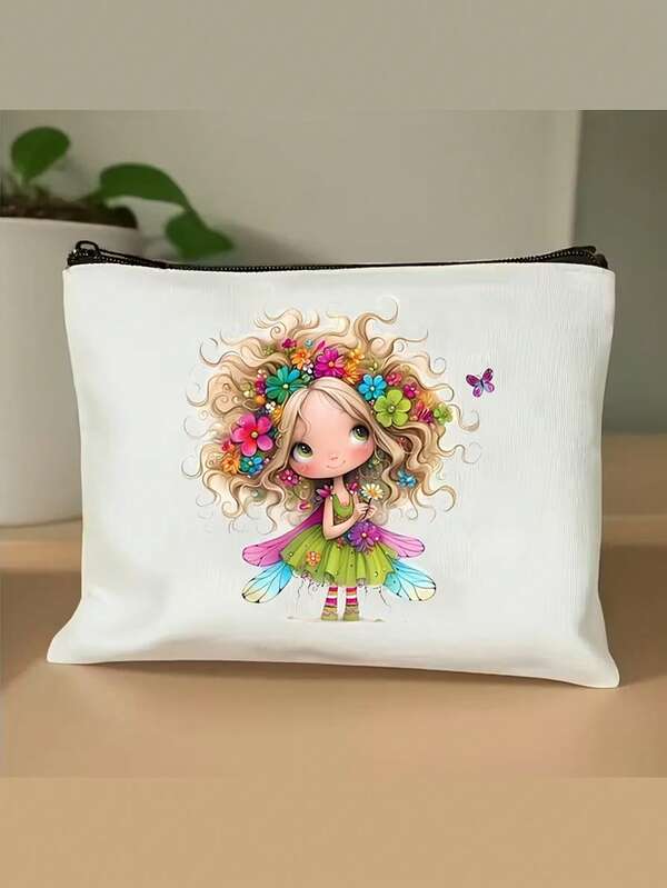 1pc Personalized Makeup Bag - Cute Green Leaf Girl Pattern - Beige - Makeup, Travel, Office Storage Pouch - Gift For Women, Teachers, Weddings, Graduations - Zipper Design