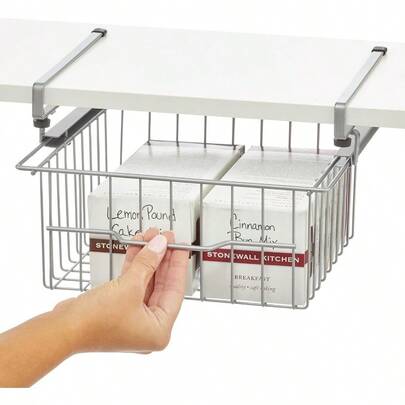 MDesign Compact Hanging Pullout Drawer Basket Sliding Under Shelf Storage Organizer Metal Wire Attaches To Shelving Easy Install For Kitchen Pantry Cabinet Silver