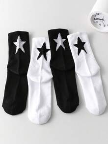 4 Pairs Men's Black & White Pentagram Pattern Socks, Versatile, Anti-Slip, Moisture-Wicking, Mid-Calf Length - Multicolor - View 11