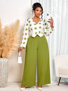 BIUBIU Damen Große Größen Herbst und Winter Pendler Alltags Lässig V-Ausschnitt Langarm Asymmetrischer Saum Kontrast Polka Dot Top und Taille gerade Hose Zweiteiler Set