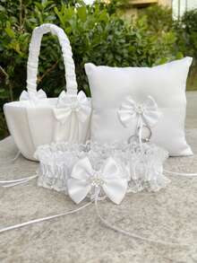 三件套婚礼配饰：白色缎面蕾丝蝴蝶结花篮+戒指枕+吊袜带，优雅装饰新娘和花童婚礼仪式 - 彩色 - 查看 12