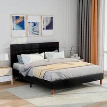 Double Bed With Slatted Base, 140x200cm, Padded Bed Frame With Headboard, In Black Linen, For Adults And Young People, (Mattress Not Included) - Black+Solid Wood+140cm*200cm - View 4