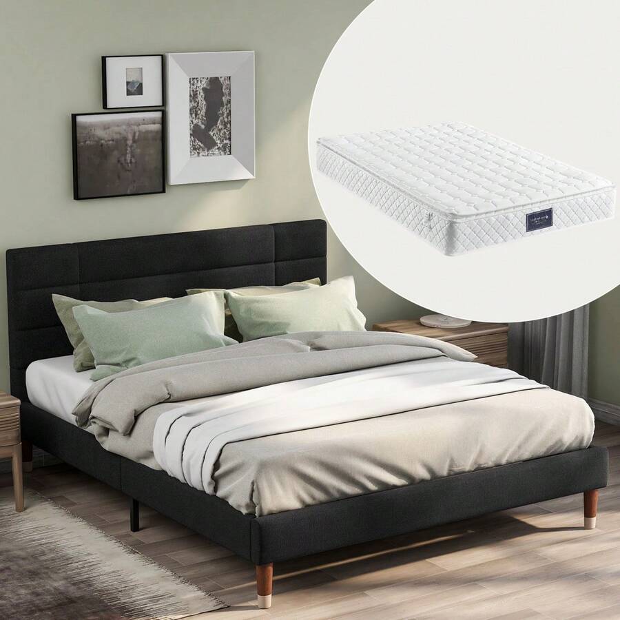 Cama tapizada, cama doble con caja de almacenamiento y latticestraat, marco de cama de 140x200cm con cabecero, para adultos y jóvenes, (con colchón de núcleo de muelles) - Negro + Madera maciza + Conjunto de 2 piezas - Ver 1