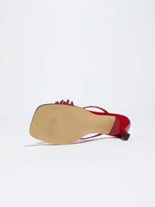 Women's Fashionable 3D Coral Tassel Floral Sexy Criss-Cross Strap Square Toe Kitten Heel Slip-On Sandals, Solid Color Glossy Texture Comfortable Material, Suitable For Spring/Summer Nightclub, Party, Travel, Shopping, Gathering, Wedding, Commuting, Elegant Luxury Style, Romantic Rose Red High Heels - Rose Red - View 9