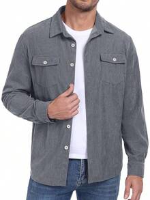 Men's Corduroy Button Down Long Sleeve Casual Shacket Western Shirt With Flap Pockets, 2025 Style - A09 Xám - Xem 5