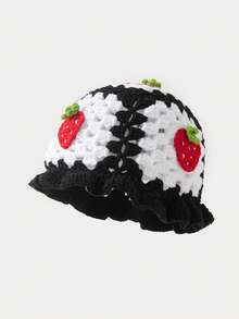 1pc Women's Fashion Hollow Strawberry Cherry Handmade Crochet Wavy Edge Knit Hat, Suitable For Autumn/Winter Daily Warmth And Travel Outfits - A - View 22