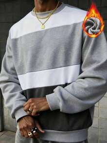 Moletom Casual de Manga Longa com Gola Careca, Listras Coloridas e Recortes - Cinza Claro - Visão 1