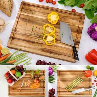 Premium skärbräda i trä med ergonomiska handtag - Multifunktionellt köksredskap, skärbräda i trä med spår, serveringsbricka för kött, fisk, tillagad mat, ost, bröd, desserter, frukt och grönsaker - Mat, snygg design, matlagning, rustika köksredskap, naturlig träyta, perfekt för hemmet, hotell, slaktare