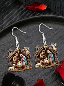 1 Pair Vintage-Inspired Acrylic Christmas Scene Earrings - 2D Flat Design Featuring The Holy Family And Shepherds, Stainless Steel Hooks, Hypoallergenic, Perfect For Daily Wear, Parties, And Gifting, Perfect Holiday Gift - 彩色 - 查看 7