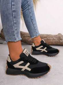 Women's Platform Sneakers, Casual Lace Up Outdoor Shoes, Comfortable Low Top Sport Shoes For Fall - Black - View 2