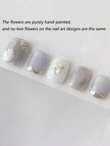 10 片高端柔和蓝色手绘花卉精美闪光法式美甲假指甲（随机亮片）按压式指甲美甲用品指甲