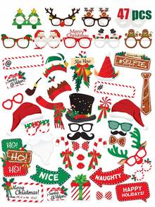 47 Pcs Christmas Photo Booth Props Set Party Glasses, Christmas Party Supplies Christmas Pose Sign Kit For Adults Kids Party Decorations, Christmas Eyeglasses Xmas Props For Photoshoot For Selfie - Multicolor - View 1