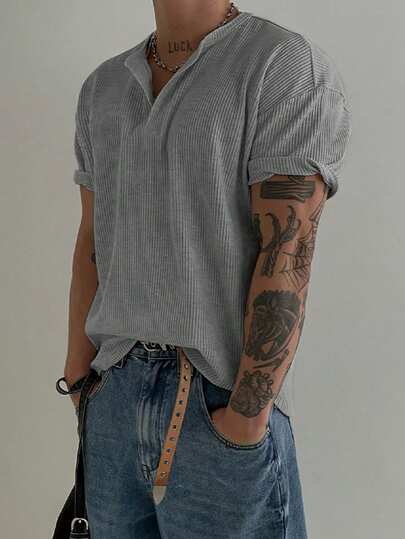 Henry Collar Waffle Short Sleeve T-Shirt For Men, American Casual Minimalist Undershirt, Lightweight & Breathable, All Season