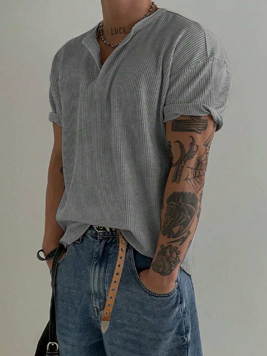 Áo thun tay ngắn cổ tròn họa tiết Waffle dành cho nam, áo lót tối giản kiểu Mỹ, nhẹ và thoáng khí, phù hợp cho mọi mùa - Xám - Xem 1