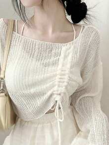 女士抽绳柔软针织毛衣，韩版风格 - 白色 - 查看 2