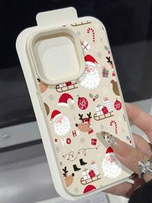 Funda para teléfono con diseño navideño de Papá Noel y renos. Compatible con teléfonos ,  17,  16 Pro Max,  15 Pro Max,  13 y  12. Fabricada en TPU con textura de cuero que ofrece protección contra golpes y caídas. Un regalo ideal para familiares, amigos, parejas y para cualquier celebración navideña. - Blanco - Ver 2