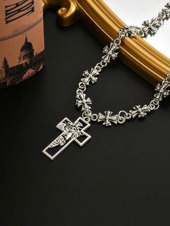 1件复古哥特式荆棘耶稣十字架吊坠项链，做旧效果男士项链，精致男士首饰，适合作为送给男友的礼物，男女皆宜