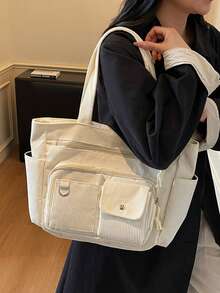 女士大容量尼龙单肩包 - 前置口袋和拉链斜挎设计 - 米色 - 查看 5