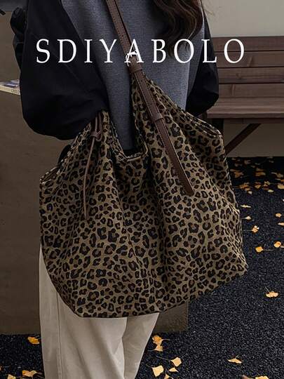 Women's Fashion Leopard Print Shoulder Tote Bag Large Capacity Beach Bag Casual Shopping Handbag