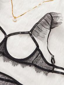 Black Lace Eyelash Splice Foldable 3D Mesh Sexy Lingerie Set For Women - Black - View 4