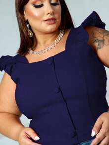 Women's Summer Plus Size Cropped Blouse With Ruffled Sleeves, Button Detail, Back Zipper, Curve Look, Sizes 44 To 54 - Azul Marino - Ver 3