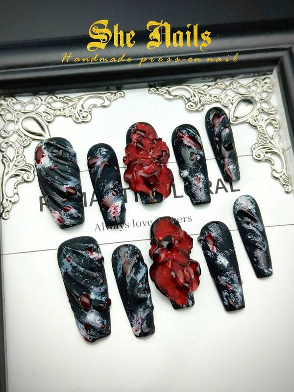 Cute Baroque Nail Art Look With DIY 10pcs Bloody Black Nails White Nails Long Coffin Goth Junk Punk Y2K Acrylic Press On Nails Matte Nail Surface With Handmade Red Big Carnivorous Flower Suitable For Chiristmas Parties Or Daily For Cool Girls And Women Wear With Free Gel Sticker Nail File.
