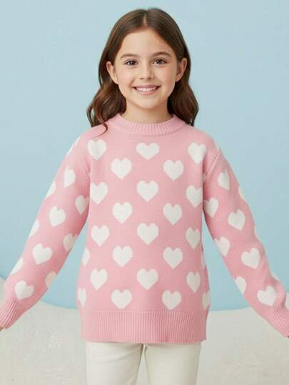 Suéter Feminino Infantil Menina Tricot Tricô Modal Com Corações Estampa Confortável de Frio Casual Escola