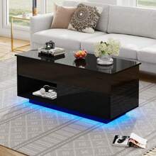 High-Gloss Lift-Top Tea Table, LED Coffee Table, Lounge Table, 100x50x55 Cm With LED Lighting, Hydraulic Lift And Multi-Level Storage Space, Black - Black - View 3