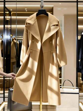 2015 Autumn/Winter Fashion Lantern Sleeve Notched Collar Long Overcoat