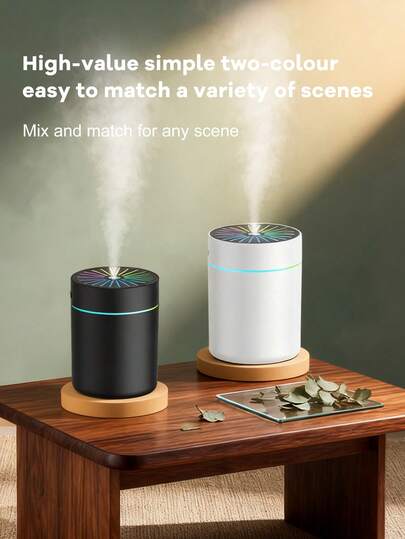 Umidificador com capacidade de 180ml e luz noturna colorida romântica, que também pode ser usado como umidificador portátil para carro. Possui função de névoa, operação silenciosa, temporizador automático e 2 modos de funcionamento. Pode ser usado com óleos essenciais (6 fragrâncias disponíveis). O conjunto inclui 1 umidificador e 1 frasco de óleo essencial. Ideal para carro, escritório, quarto, sala de estar, escritório e sala de informática.