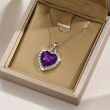 Fashion Colorful Pendant Color Necklace High-End Princess Rhinestone Heart Necklace - Purple - View 11