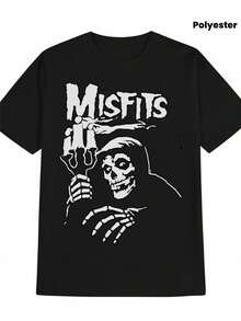 Misfits Graphic Print Men's-Shirt - Black Casual Crew Neck Tee With Skull & Text Design, Lightweight Polyester Summer Shirt Adults, Fan Merchandise|   Edgy Casual Style|   Polyester Fabric - màu đen - Xem 2