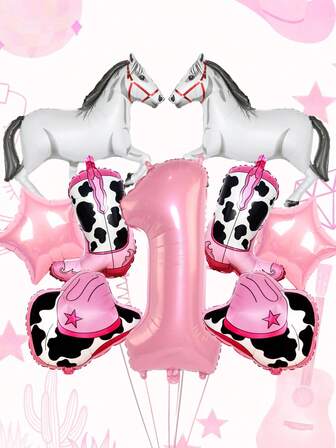 9pcs Western Theme Party Balloons, Including Large Cowboy Boot & Hat Balloons, 32-Inch Numbers 0-9, Pink Star Balloons, White Horse Balloon, Suitable For Western Cowboy Birthday Party Decoration, Baby Shower, Farm Theme, Rodeo Bachelor Party Supplies