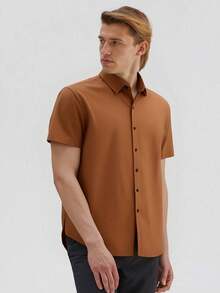 Men's Basic Plain Short-Sleeved Dress Shirt For Summer - Camel - View 2