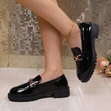 2024 Nuovi Arrivi Primavera/Autunno, Stile Britannico, Mocassini da Donna con Tacco Chunky in Pelle Verniciata - nero - Visualizzare 5