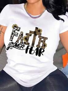 1pc Camiseta de mujer "Faith Over Fear", tejido de punto 95% 100% algodón y 5% elastano, cuello redondo, estilo casual, para todas las estaciones, longitud normal, estampado geométrico floral con cruz, camiseta de manga corta. - Blanco - Ver 2