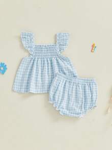 Baby Girl Summer Clothes Cute Ruffle Tops Dress Shorts Outfits Set Infant Toddler Shrit Bloomers Princess Outfit - 藍色 - 查看 2