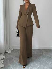 Women's Casual Elegant Solid Color Pocketless Green Collar Long-Sleeved Jacket Top And Simple Wide-Leg Pants Two-Piece Set - 棕色 - 查看 5