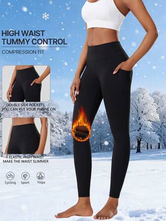 Damleggings med hög midja och fodrade kompressionsbyxor med fickor, knäböjssäkra yogabyxor för träning, löpning, pilates, magkontroll, mjuka borstade termotights för höst/vinter