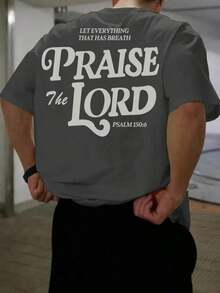 Men's Versatile Simple Graphic Print Short Sleeve-Shirt |   Bible Psalm Theme - Dark Grey - View 8