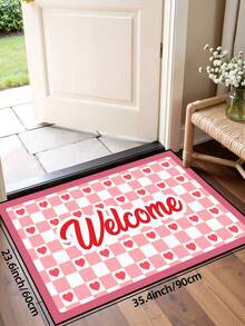 1件格子爱心“欢迎”图案门垫，聚酯纤维材质，节日风格，可机洗，适用于客厅、厨房、卧室、玄关、家居装饰，四季皆宜。 - 粉色 - 查看 9