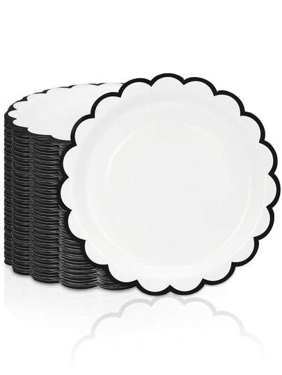 10pcs/20pcs/50pcs White And Black Paper Plates 7 Inch 9 Inch White Plates With Black Trim Cute White Scalloped Paper Plate Disposable Floral Shaped Dinner Plates Dessert Party Plates For Wedding Bridal Shower Birthday Graduation New Year Party Supplies Decor