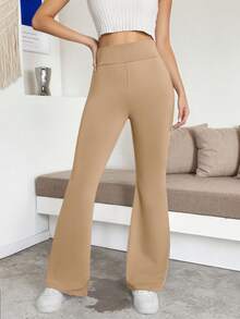 Girlism 少女纯色针织高腰弹力喇叭裤休闲运动瑜伽日常返校少女服装(YY355) - 卡其色 - 查看 5