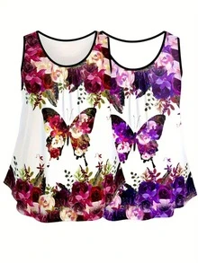 Women's 2-Piece Nightgown Set, Color-Blocked Butterfly Print, Sleeveless Nightgown Dress, Ruffled Hem Loungewear. - Nhiều màu - Xem 1