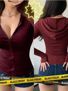 Long-Sleeved Gym T-Shirt With Hood, Front Zipper, And Sweatshirt In Supplex Fabric. - Màu Đỏ Sâu - Xem 3