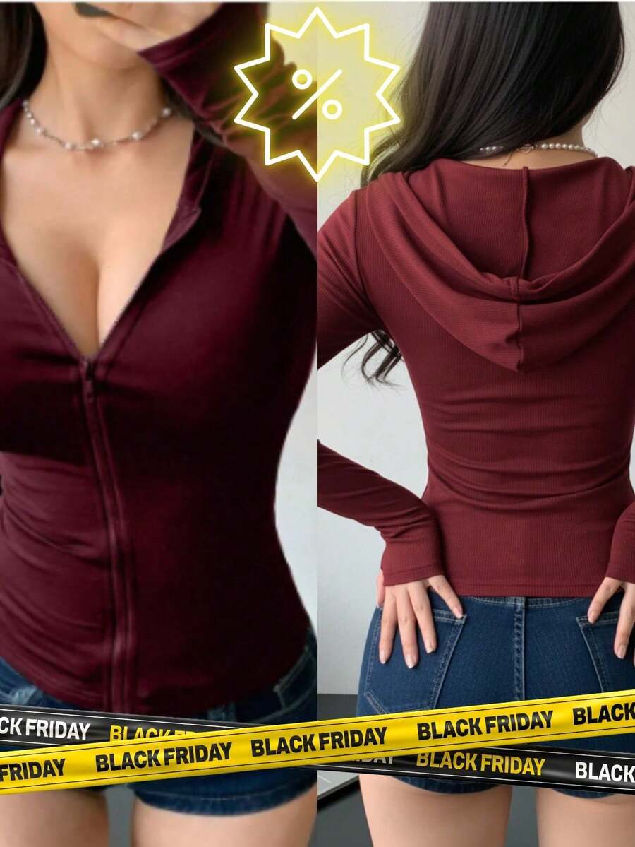 Long-Sleeved Gym T-Shirt With Hood, Front Zipper, And Sweatshirt In Supplex Fabric. - 酒紅色 - 查看 1